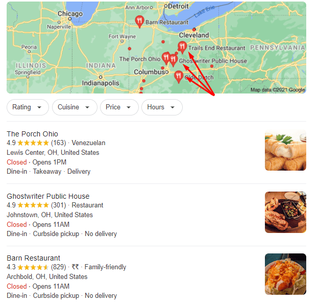 Google search results showing top local restaurants from geo-targeted SEO