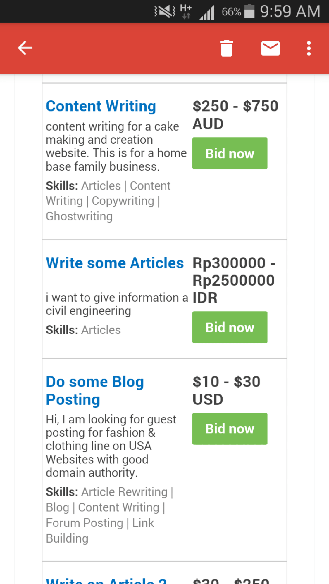 Freelancer.com email listing job postings with deep-linked Bid Now buttons