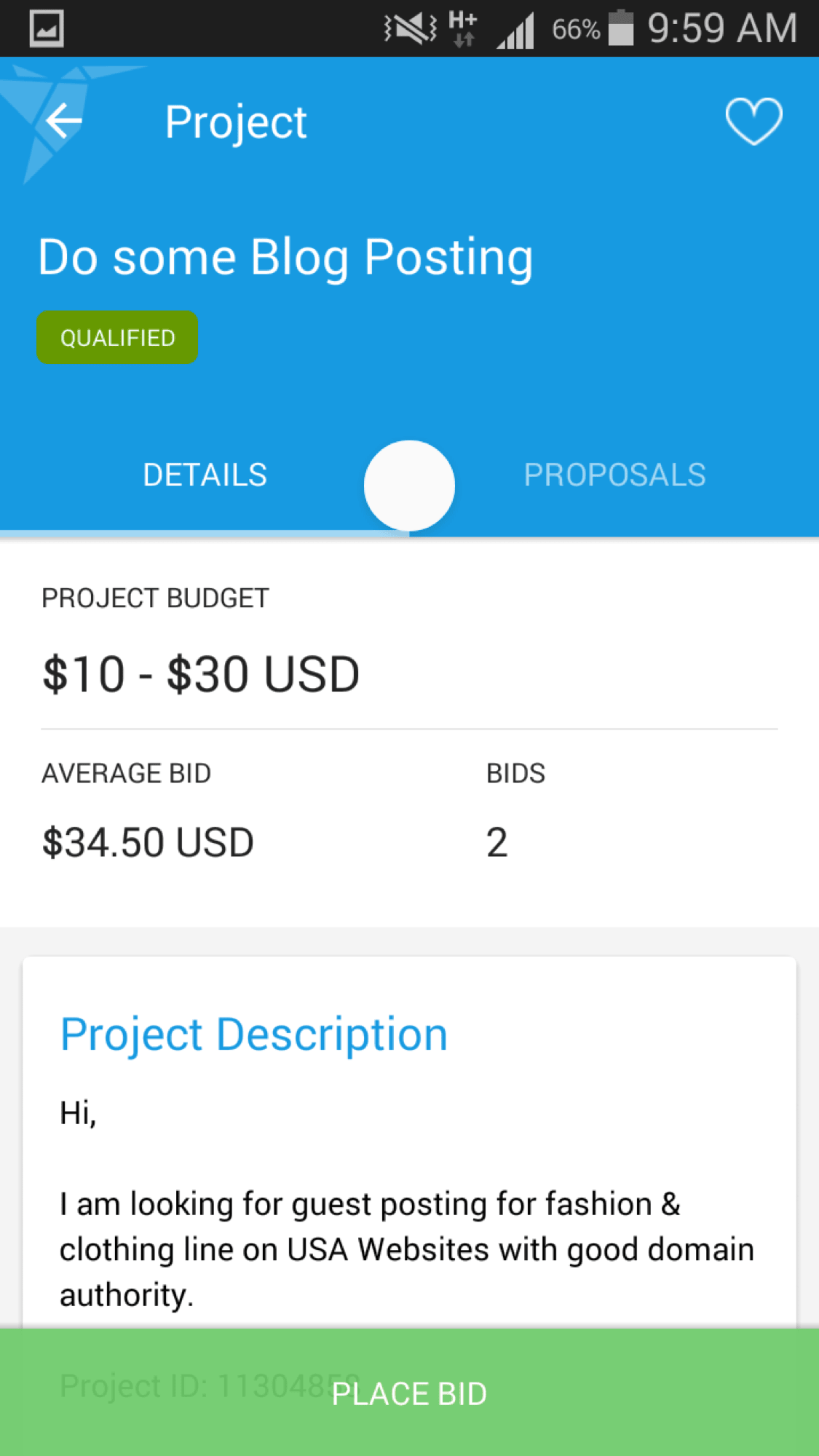 Freelancer app job detail page opened via deep link from email