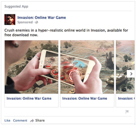 Facebook mobile game app install ad example from Invasion