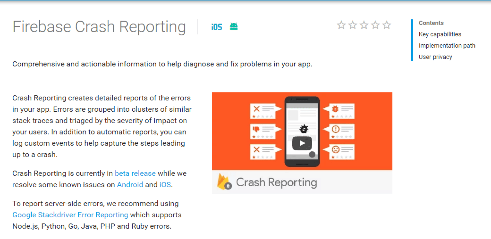Firebase Crash Reporting interface displaying grouped crash issues and error analytics