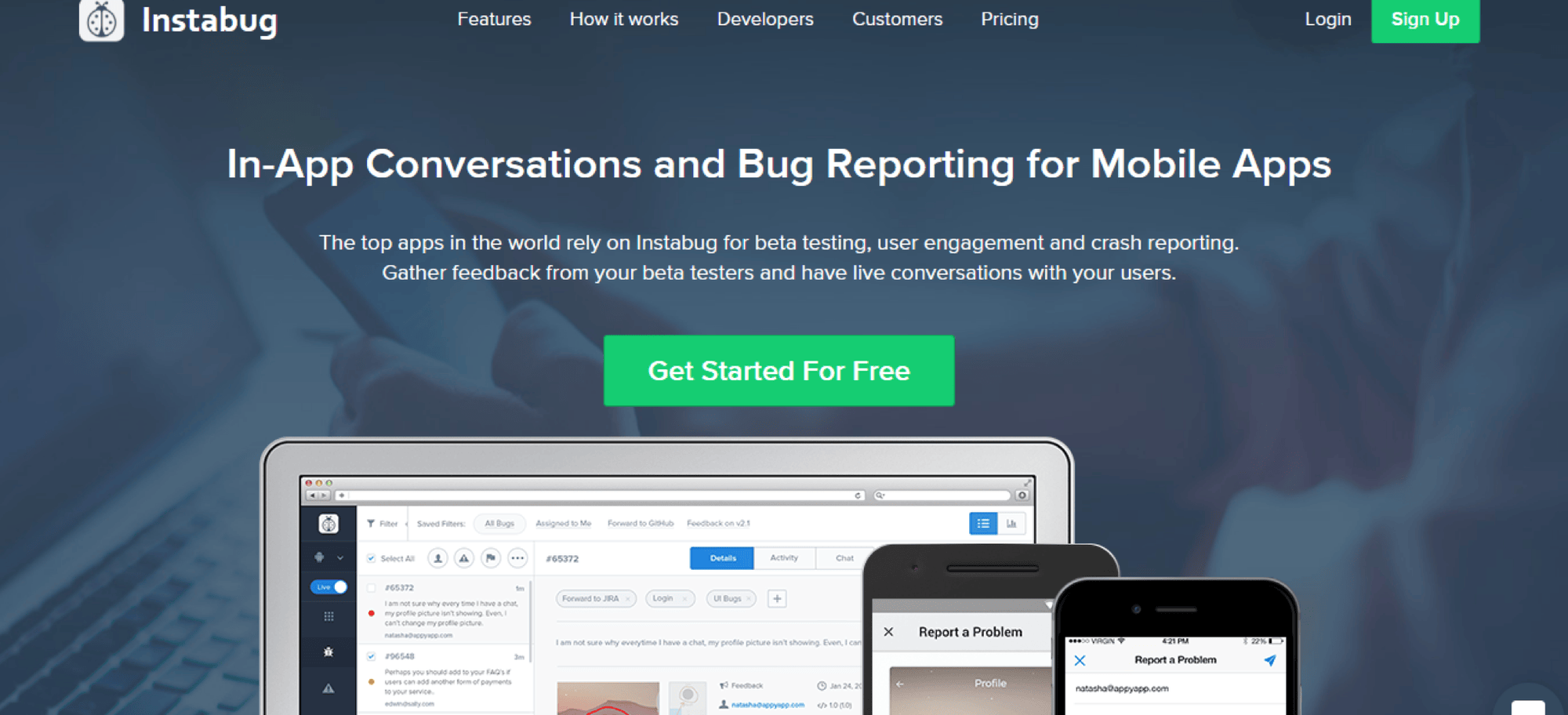Instabug bug reporting SDK interface showing crash reports and in-app feedback capture