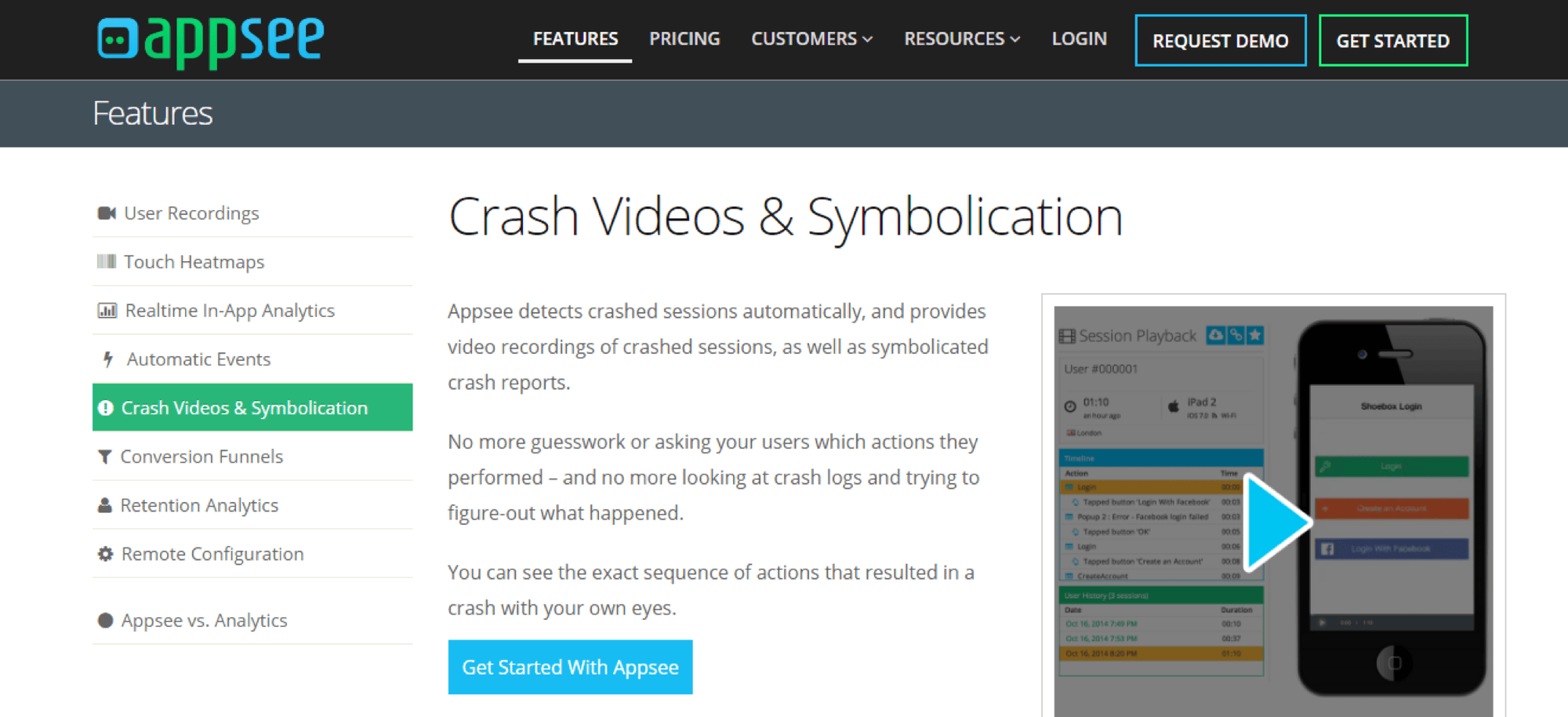 Appsee crash reporting dashboard with video recording of crashed user sessions
