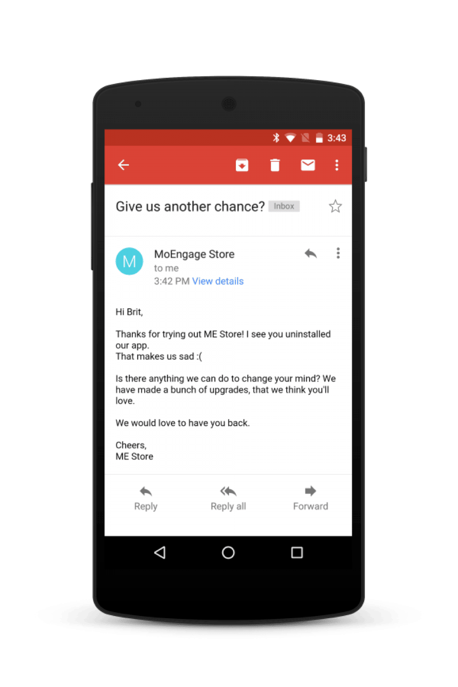 MoEngage re-engagement email composer for reaching users who uninstalled the app