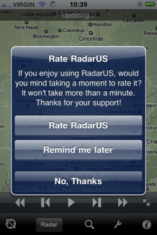 Polite in-app prompt asking users to leave a review