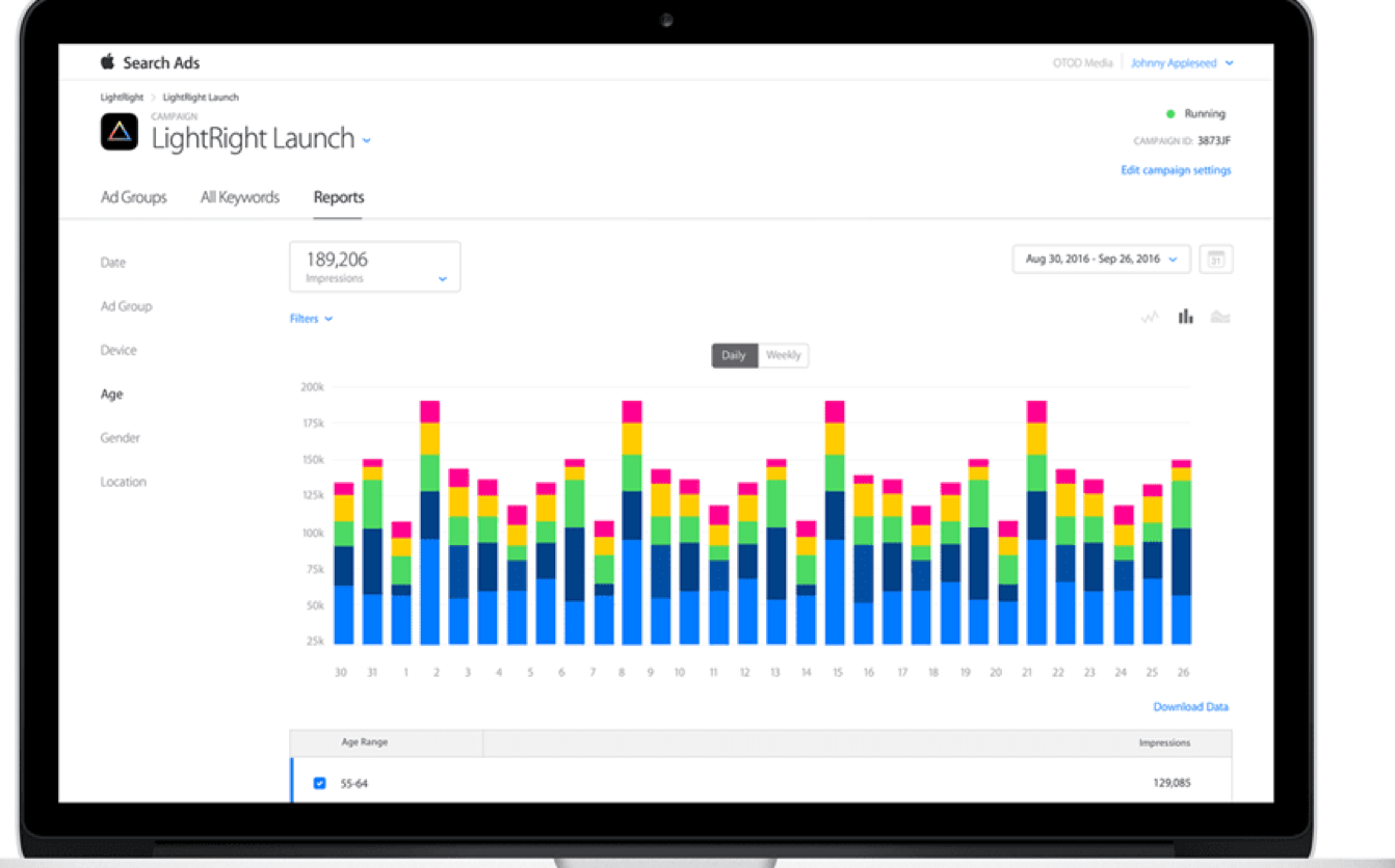 Apple Search Ads example showing a native ad with blue background in App Store search results