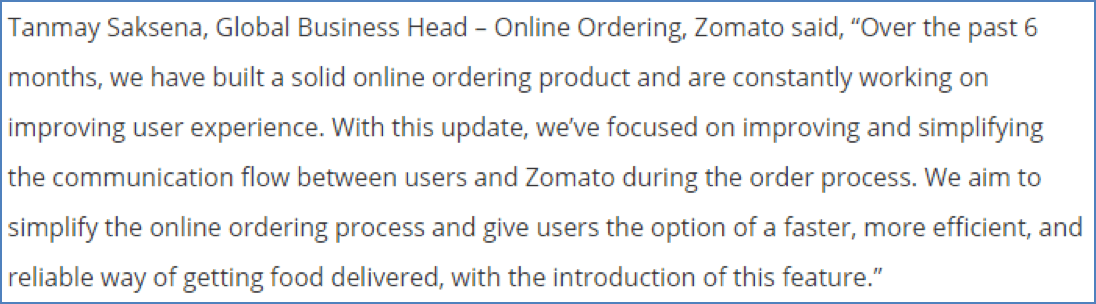 Zomato in-app chat feature connecting users with customer support