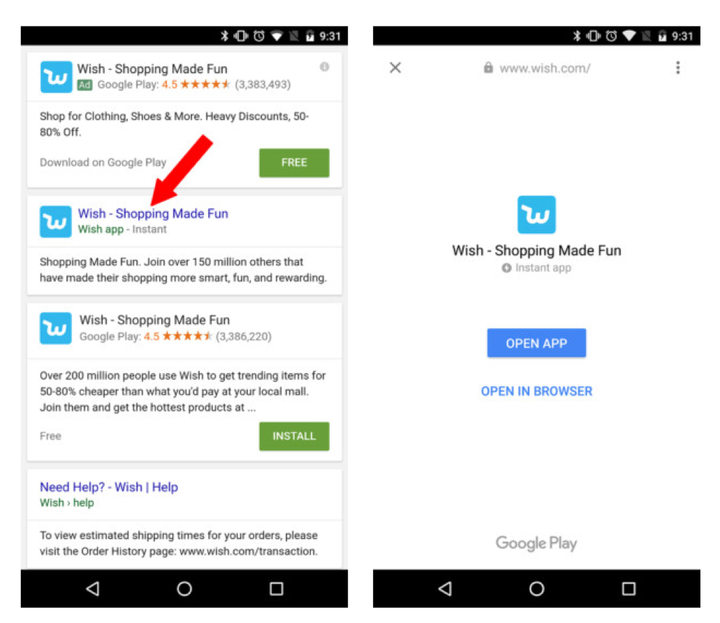 User tapping a URL to launch an Android Instant App without installation