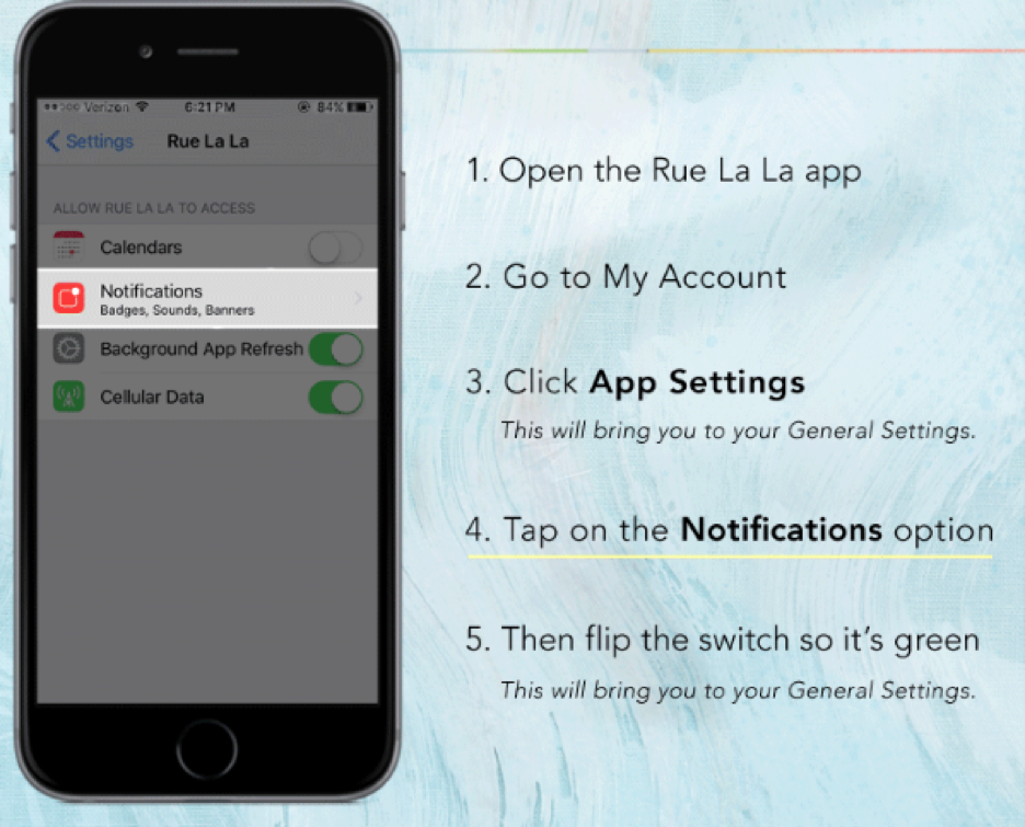 Rue La La app store description with push notification opt-in tutorial guide