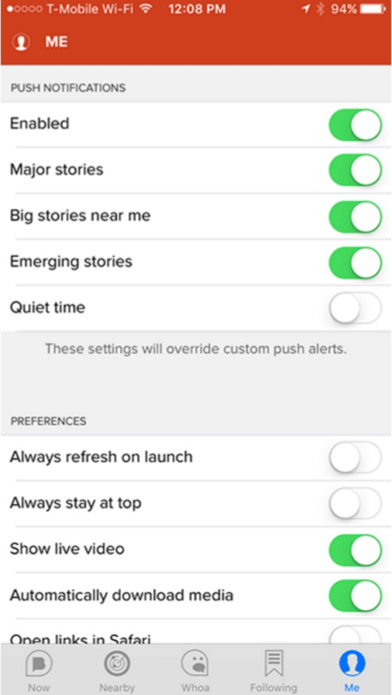 Customizable push notification preference panel inside a mobile app
