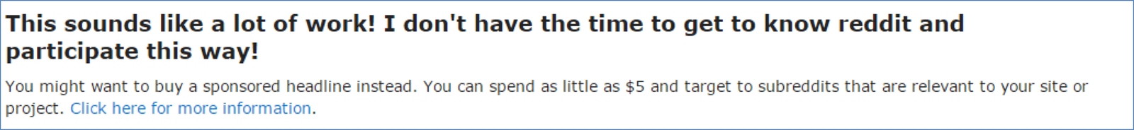Reddit self-promotion rules snippet advising paid advertising as an option