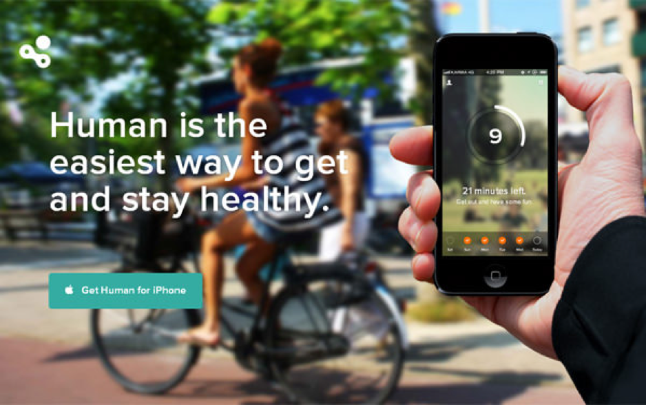 Human app landing page displaying smartphone with app interface