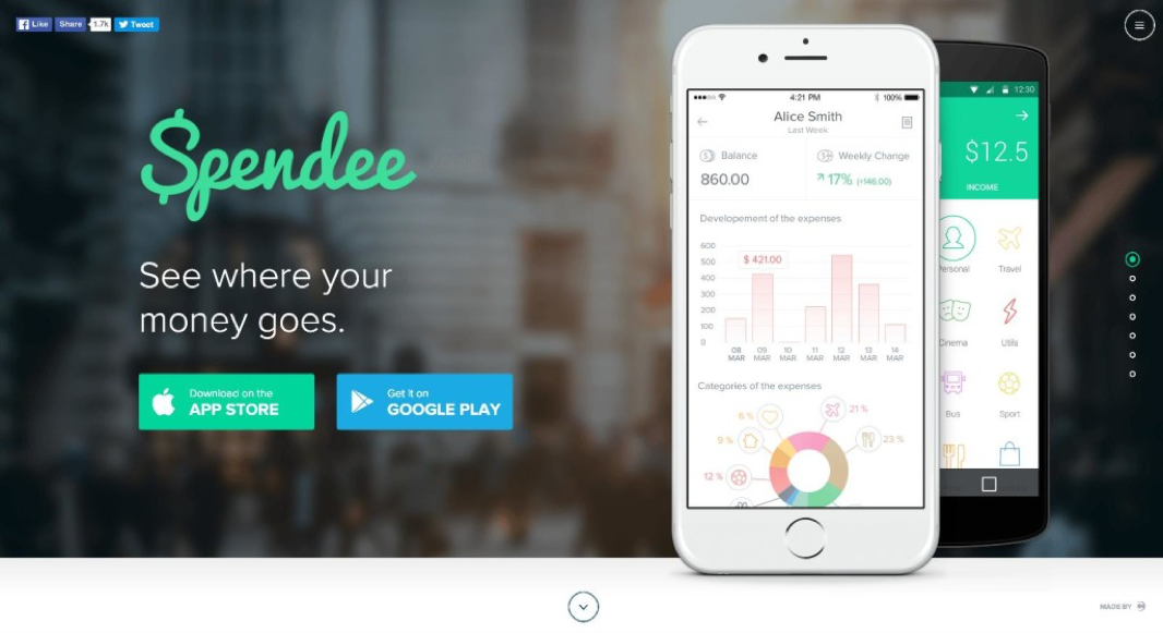 Spendee app landing page with concise pitch message about budgeting