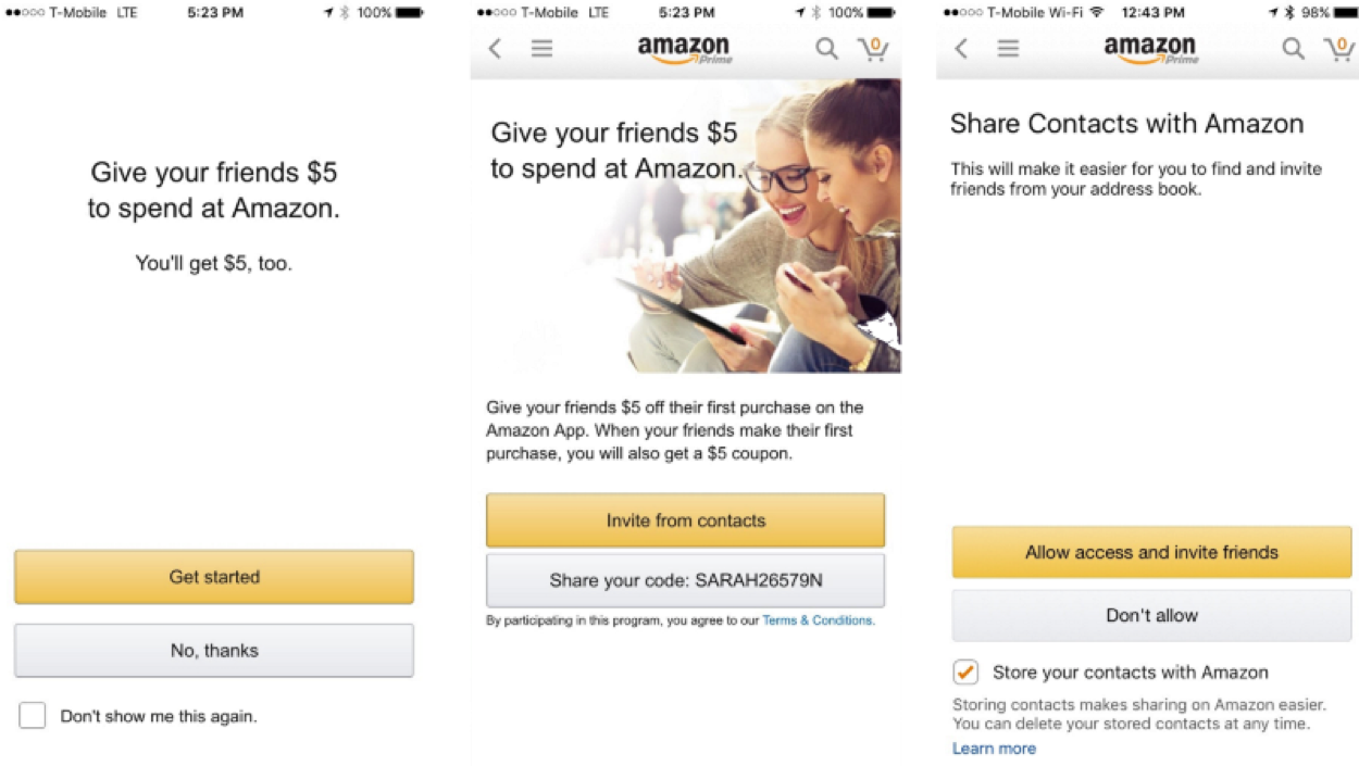 Social sharing screen with personalized referral code for app promotion