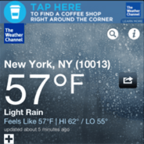 Weather Channel mobile ad promoting hot coffee during rainy weather conditions