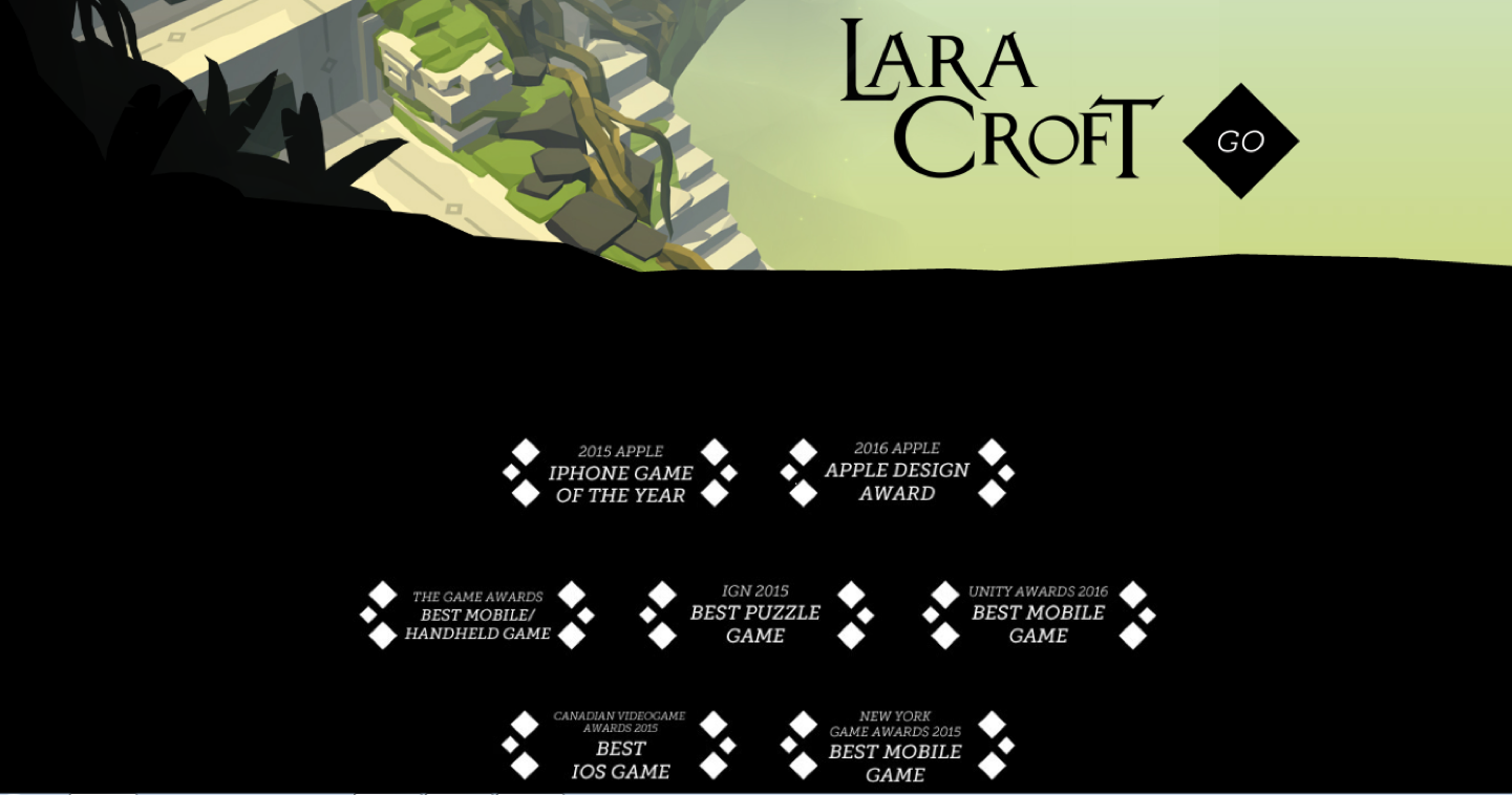 Lara Croft Go landing page displaying multiple game awards and prizes