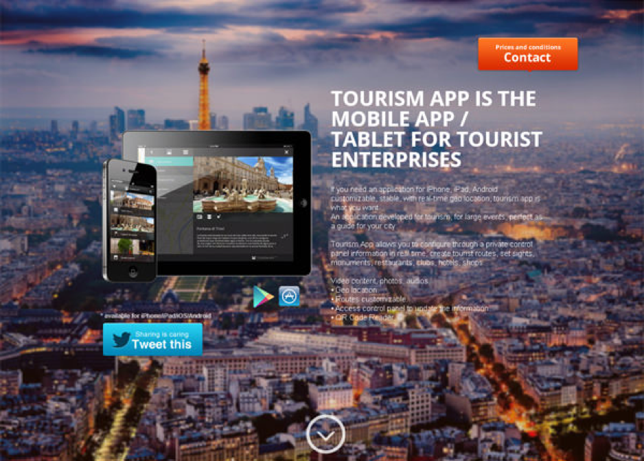 Tourism App landing page contact section with clearly visible email and info