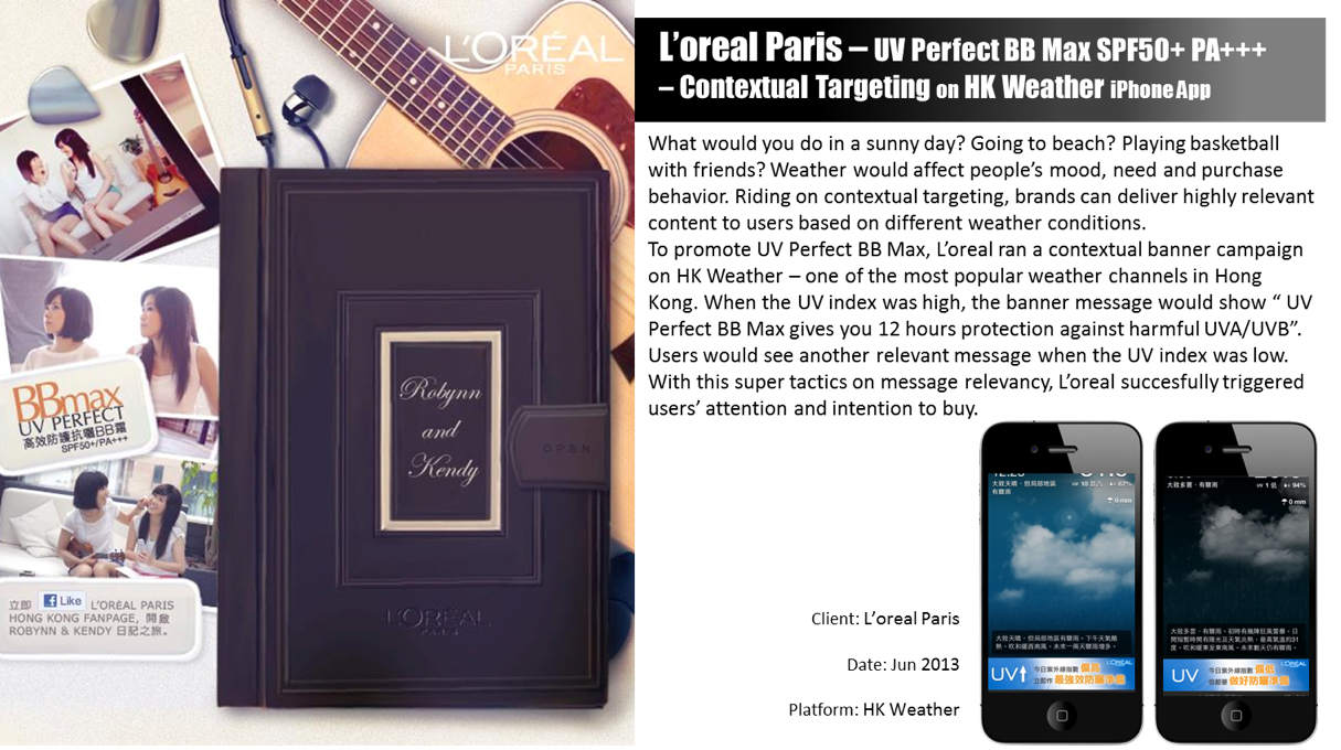 L'Oreal Paris contextual mobile ad displayed on a weather app in Hong Kong