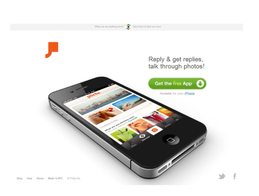 Piictu app landing page with Twitter and Facebook social media buttons