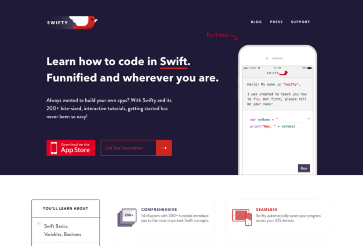 Swifty coding app landing page with live interactive demo embedded on page