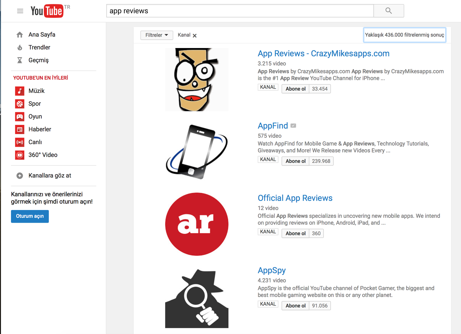 YouTube keyword search results for finding app review influencer channels