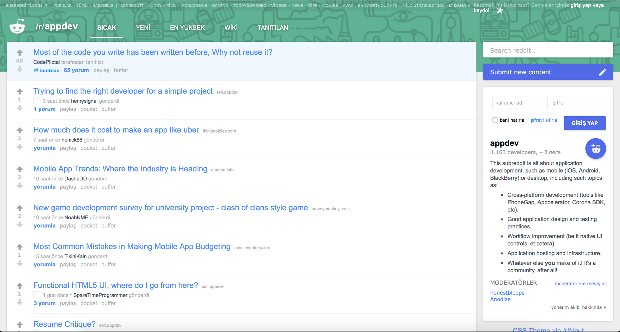 Reddit r/appdev subreddit community page for app developers
