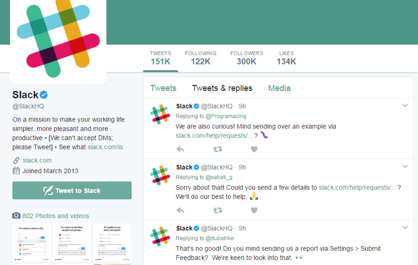 Slack Twitter account engaging with users and collecting feedback