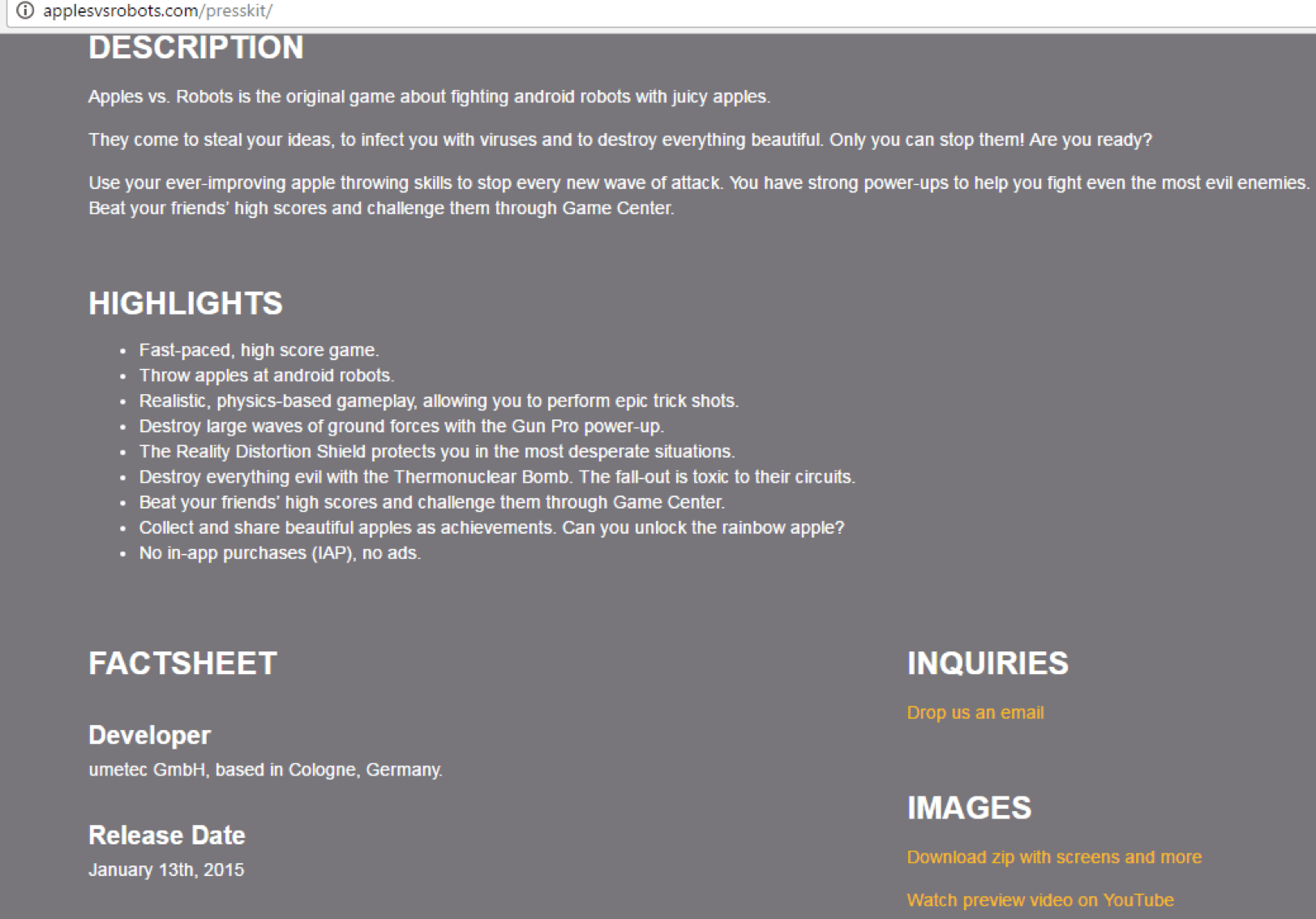 App press kit example from Apples vs Robots website