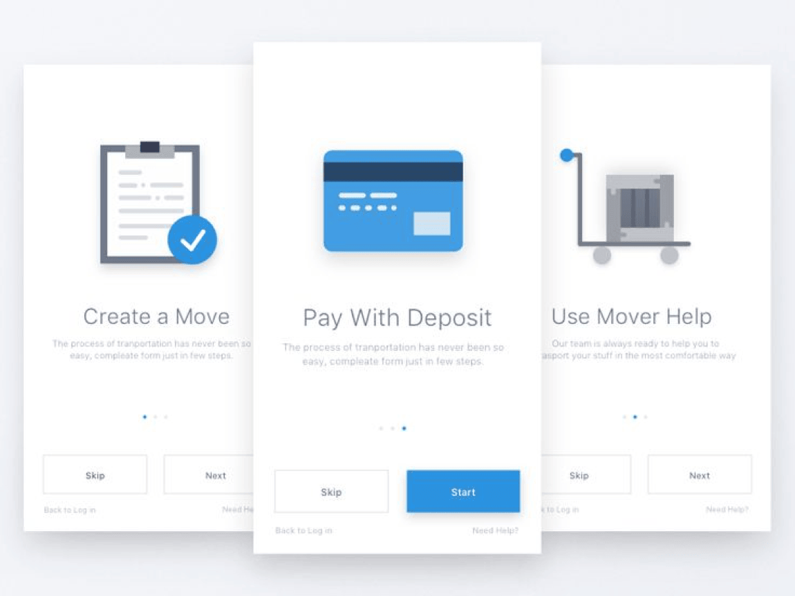 Mobile walkthrough screen with a visible skip button for experienced users