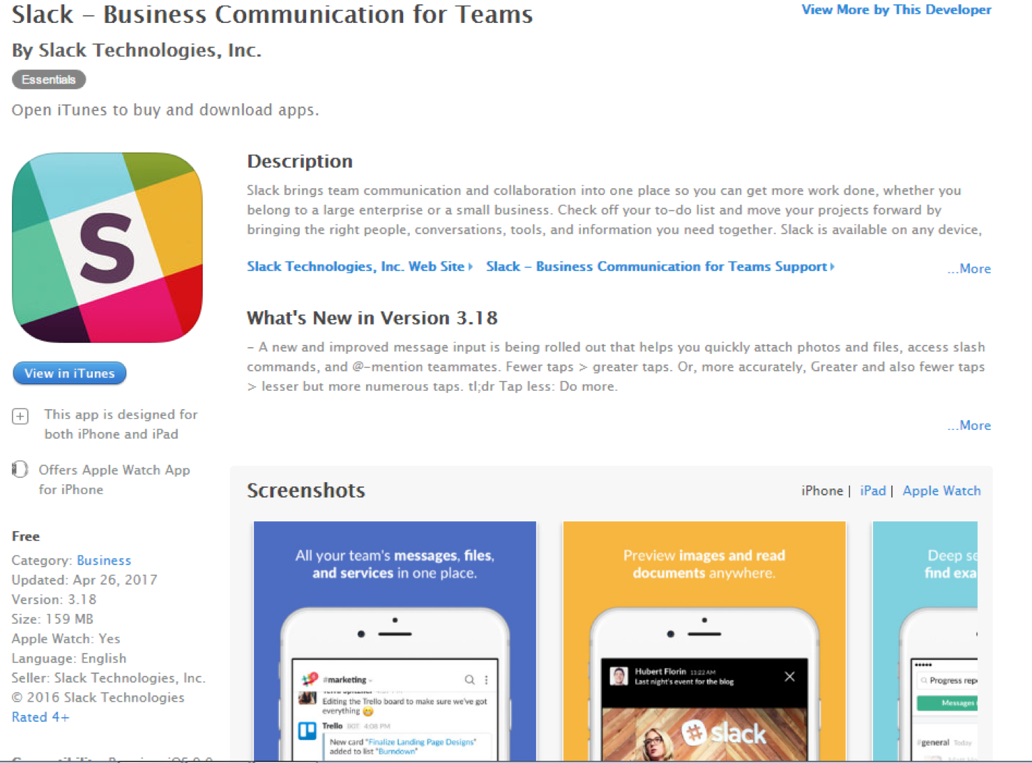 Slack App Store listing with screenshots ratings and description