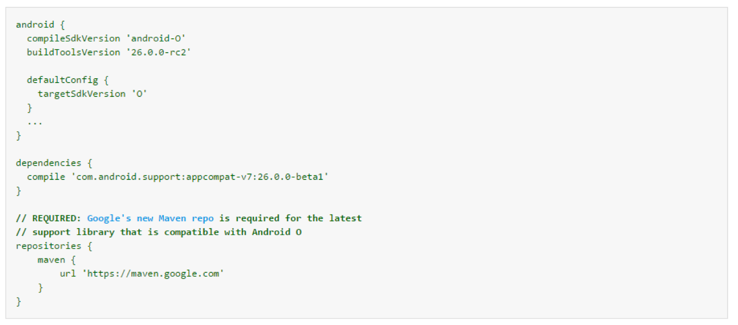 Android O migration guide stages on the Android developer documentation page
