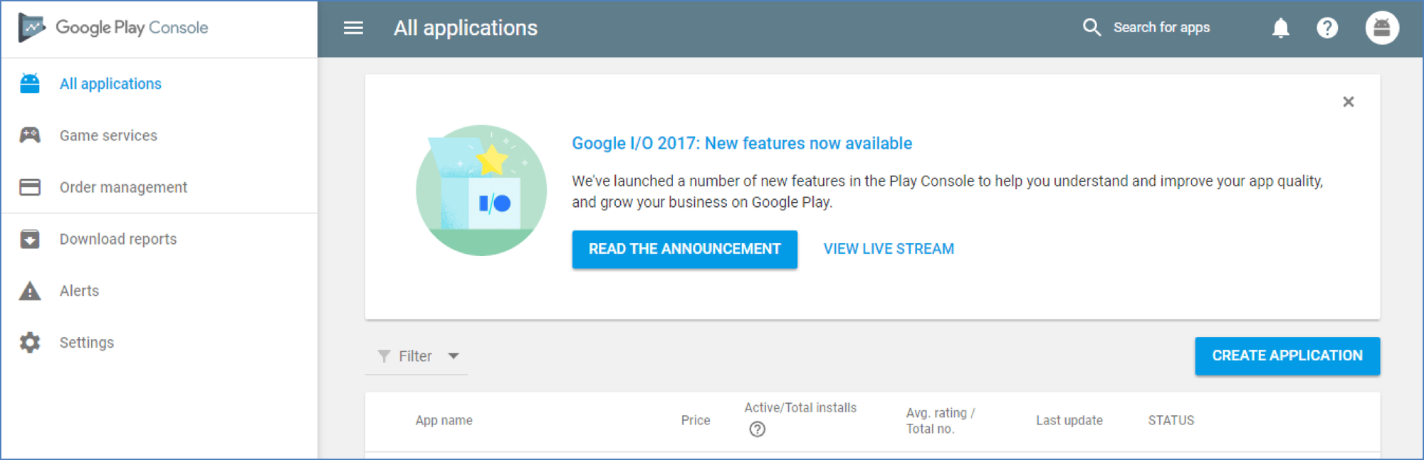 Google Play Developer Console overview screenshot from I/O 2017