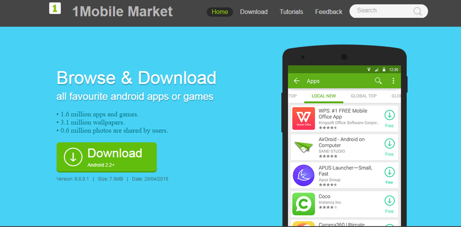 1Mobile Market Android app store browsing interface