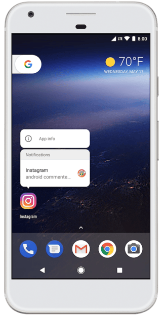 Redesigned Android O notification appearance with updated layout