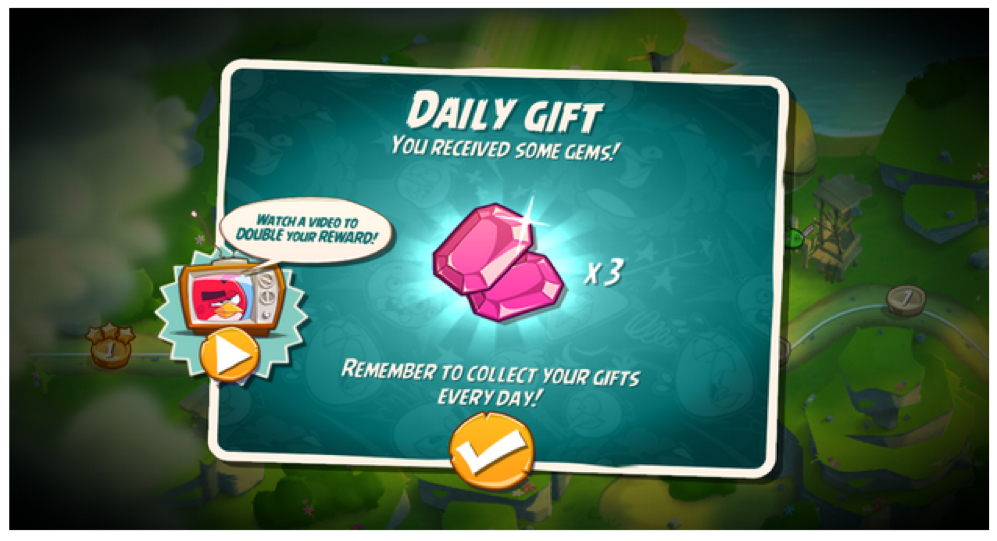 Mobile game daily reward screen offering doubled earnings for watching an ad