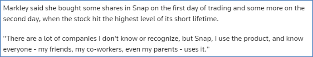 Reuters headline about Millennials buying Snap Inc stocks at IPO