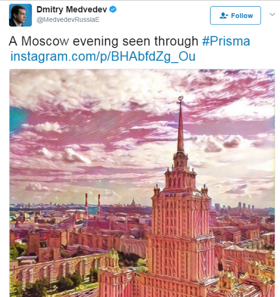 Dmitry Medvedev tweet sharing a Prisma-edited photo