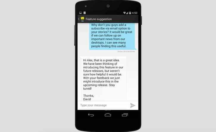 Helpshift in-app feedback channel interface for mobile user support