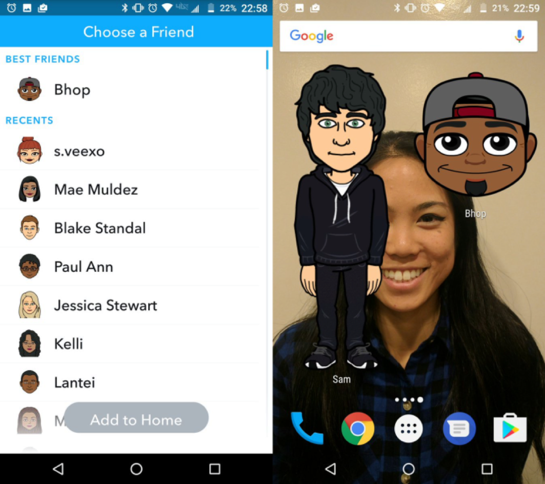 Snapchat Bitmoji widget showing customizable emoji avatars