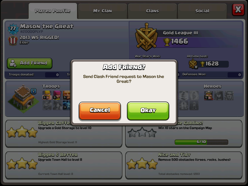 Clash of Clans in-game friend request and social sharing screen