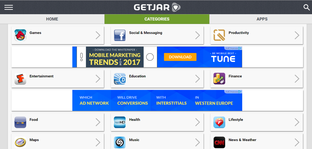 GetJar alternative app store categories page for Android and iOS