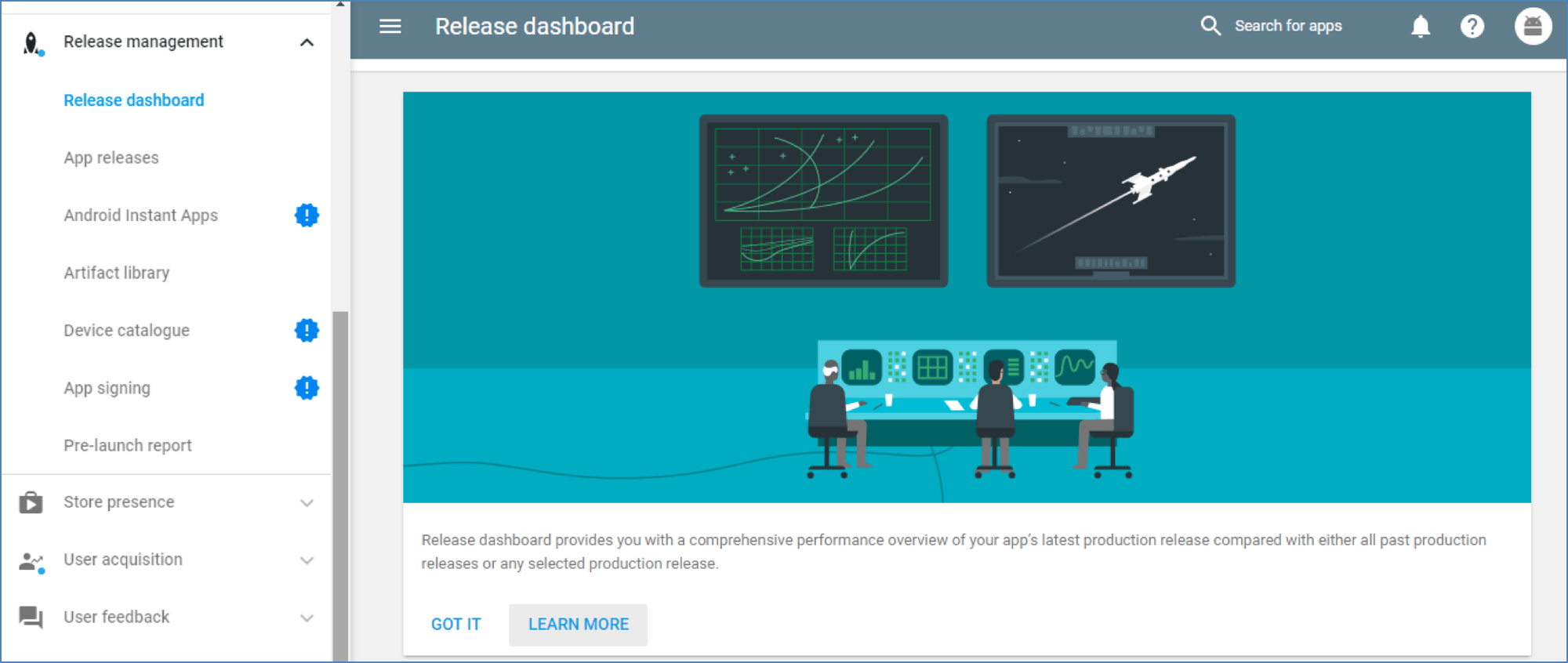 Release Dashboard showing installs ratings reviews and crash metrics