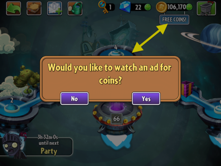 Main menu free spin offer encouraging players to watch rewarded video ad