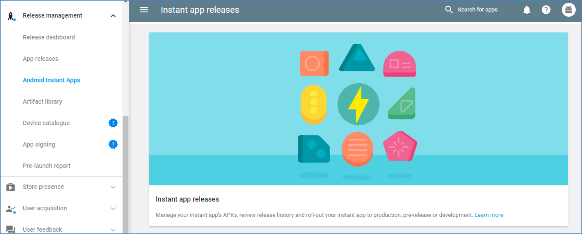 Android Instant Apps page in Google Play Console with APK management options