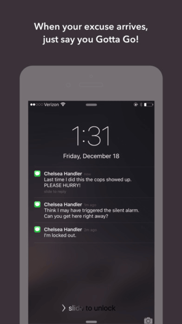 Chelsea Handler Gotta Go fake excuse app on iOS