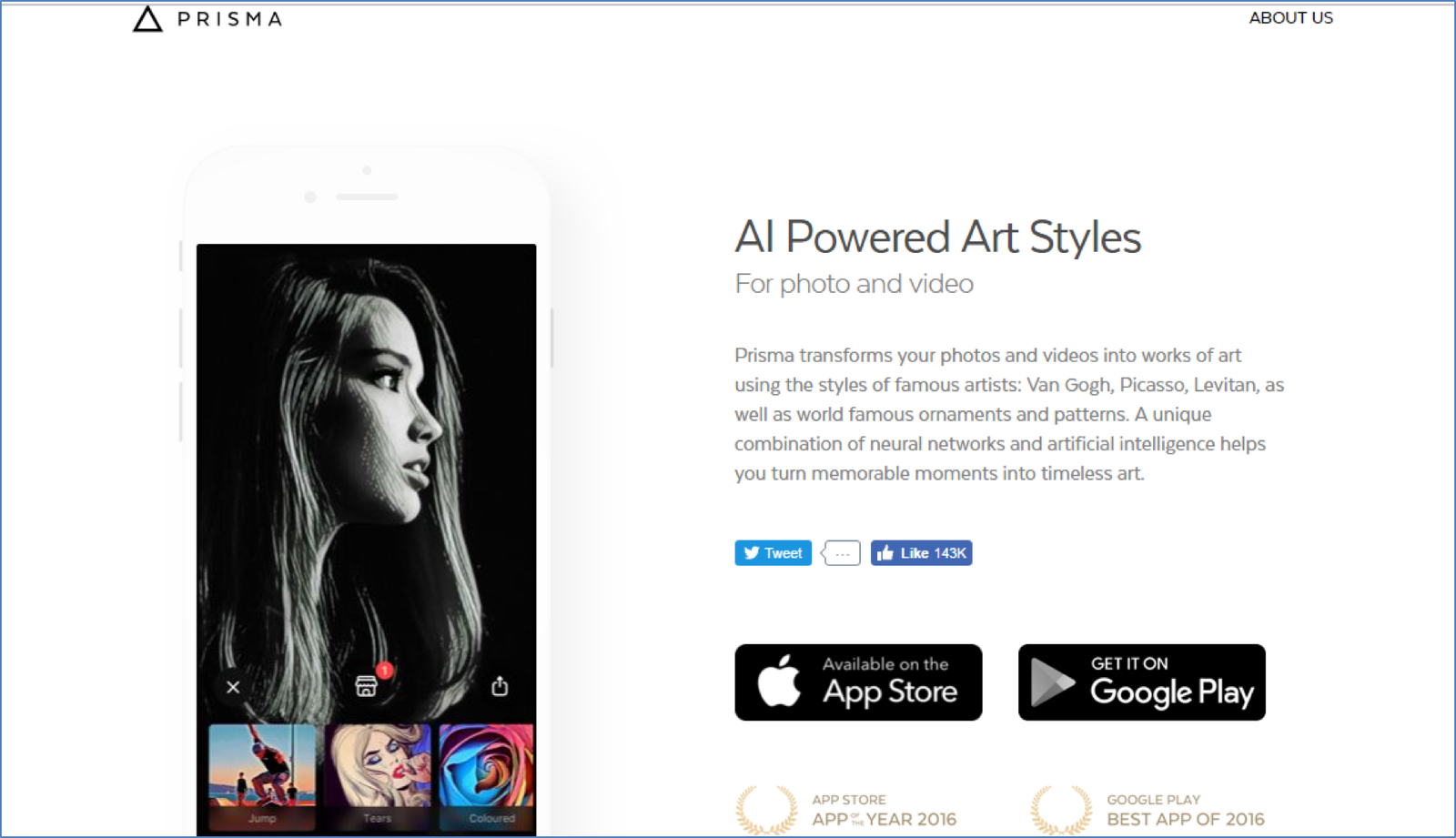Prisma official website homepage with app store download badges