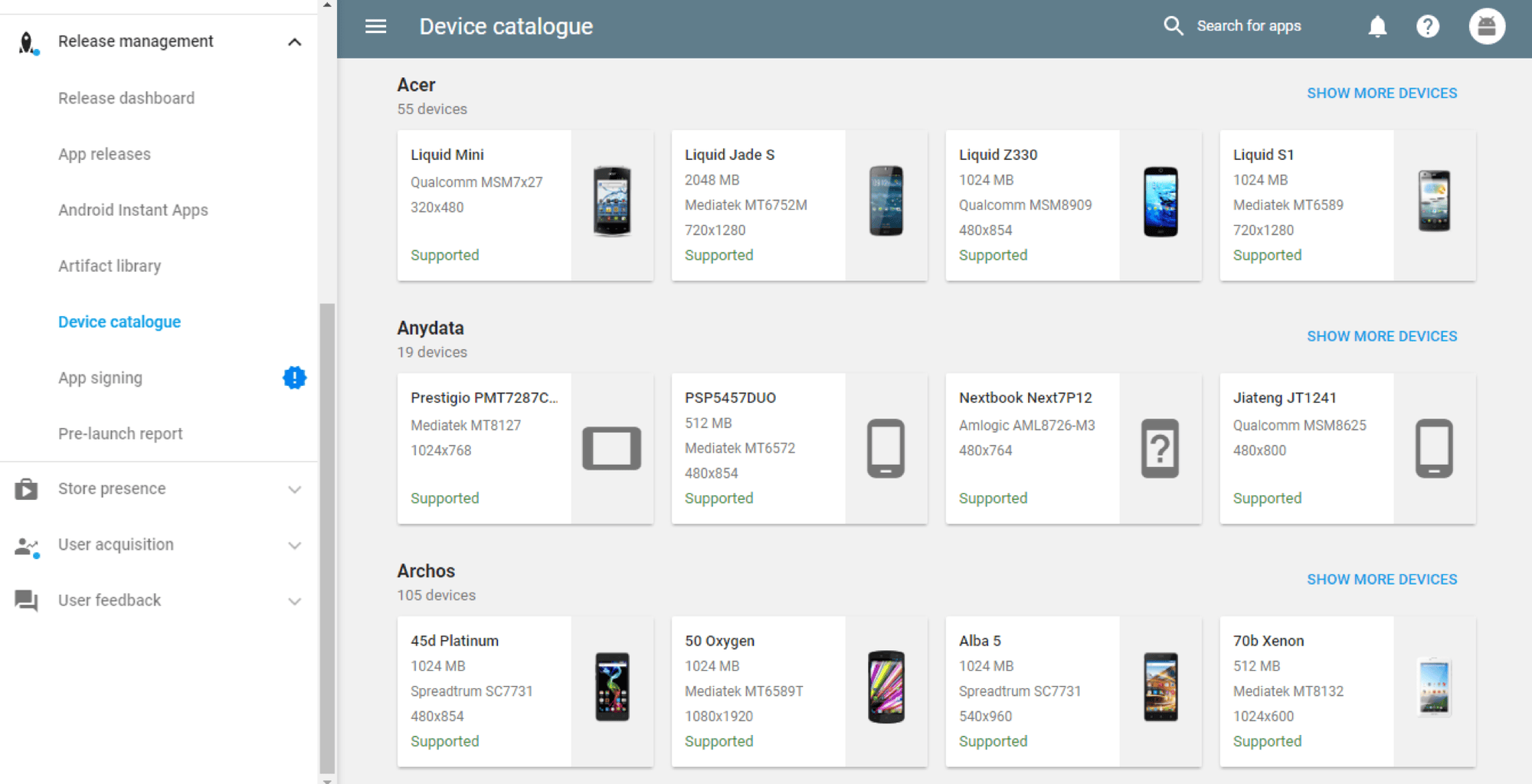 Device Catalogue filtered by installs reviews and ratings per device type