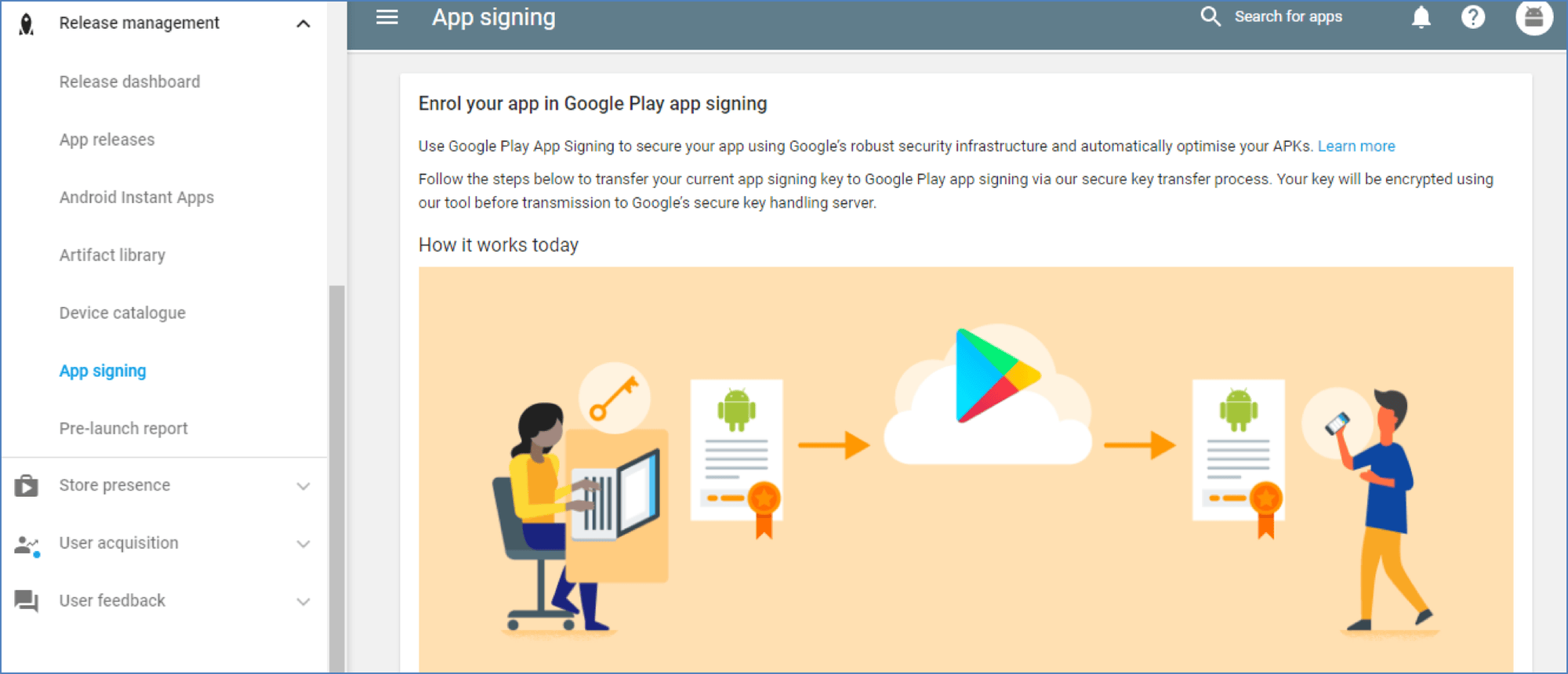 App Signing enrollment steps and key comparison in Google Play Console