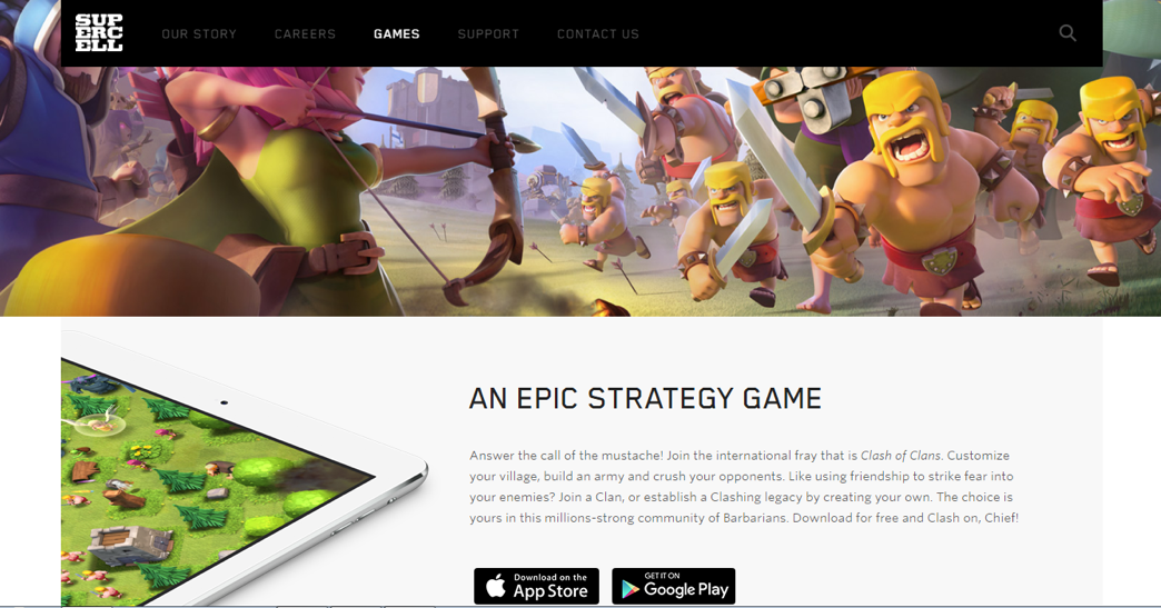 Clash of Clans official Supercell landing page with App Store badges