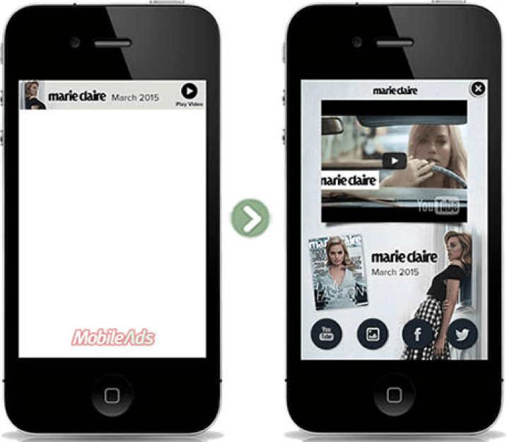 Expandable mobile banner ad showing collapsed and expanded states